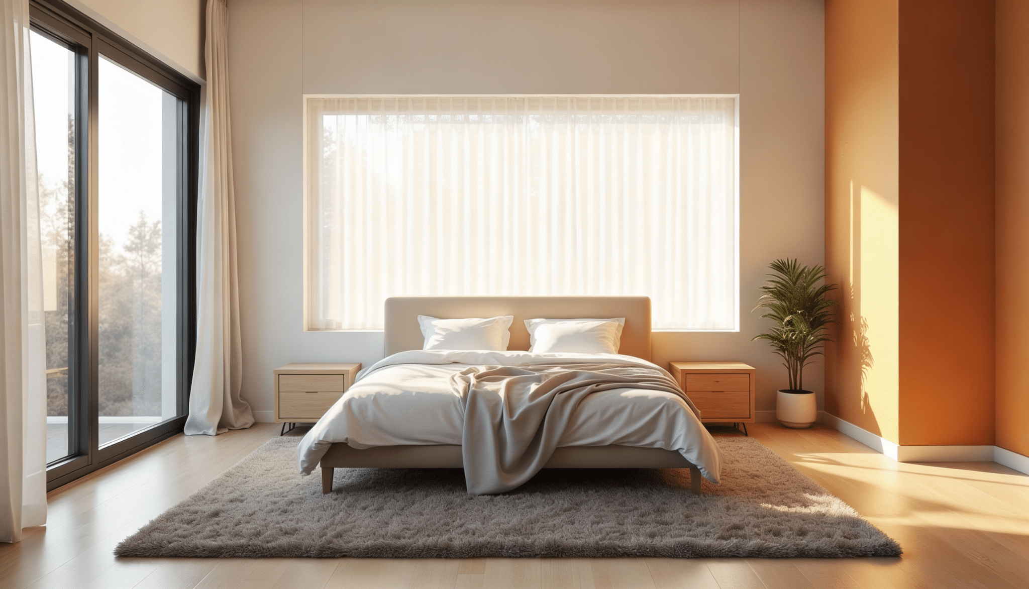 modern, sunlit bedroom with a beige bed, large window, potted palm, and warm orange accent wall