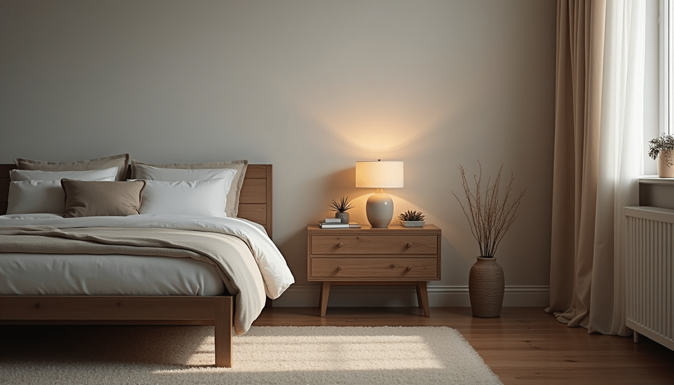 serene bedroom with a wooden bed, beige linens, illuminated nightstand lamp, and a textured rug