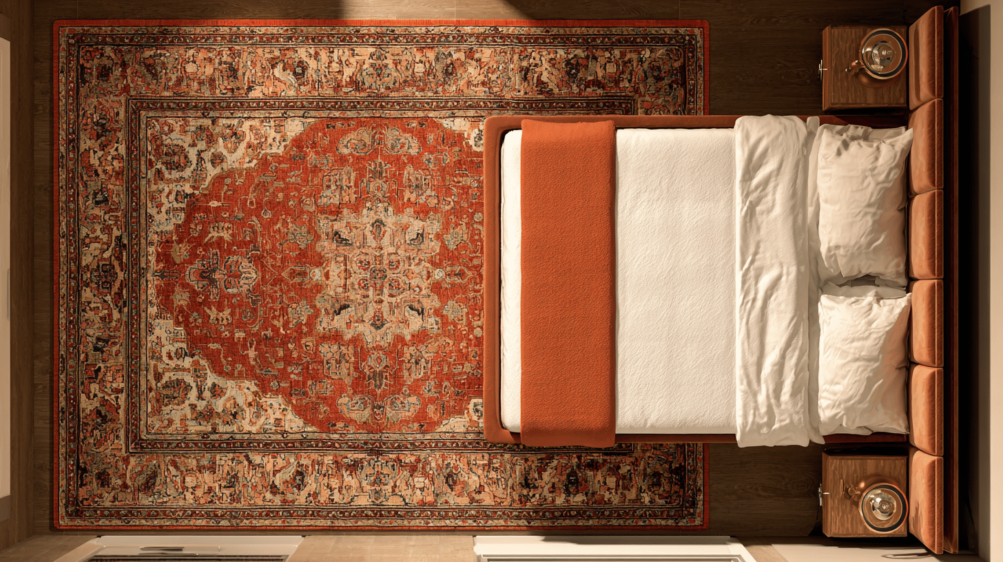 top-down view of a bed with white and rust-orange bedding on a large, intricate persian rug