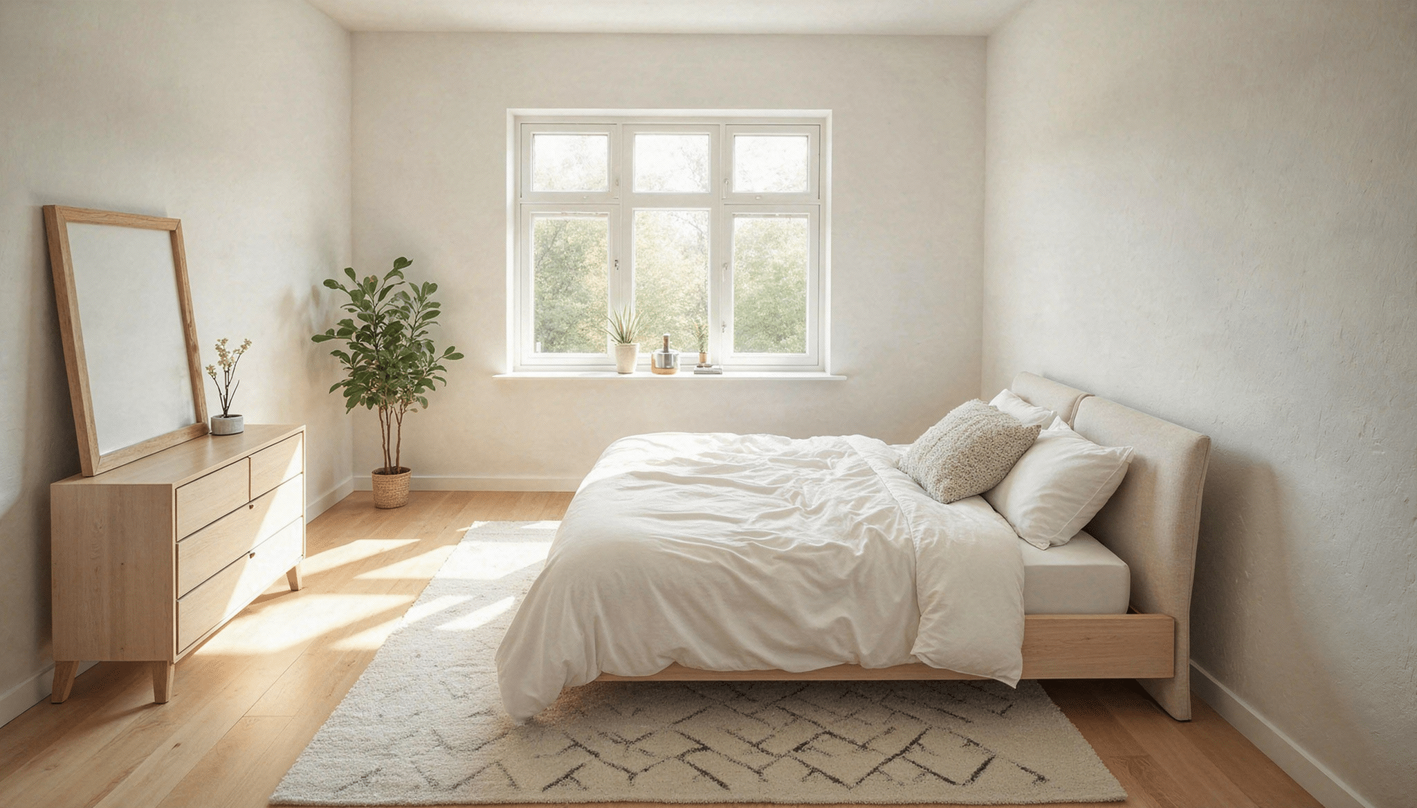 bright, airy bedroom with light wood furniture, white bed and a rug under it, a large window, and a potted plant