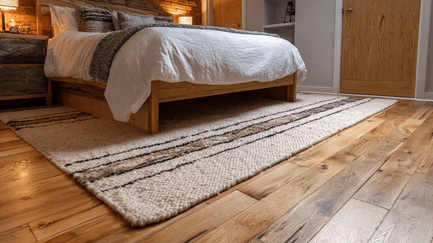 rustic bedroom with a wooden bed, white duvet, and a textured, striped rug on wood floors