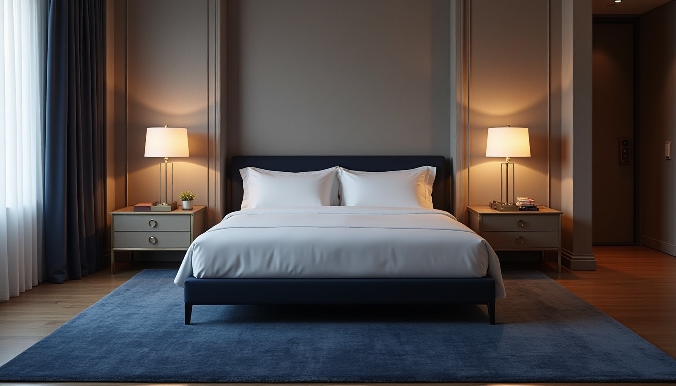 modern bedroom featuring a dark blue bed with crisp white linens, matching blue rug, and side lamps