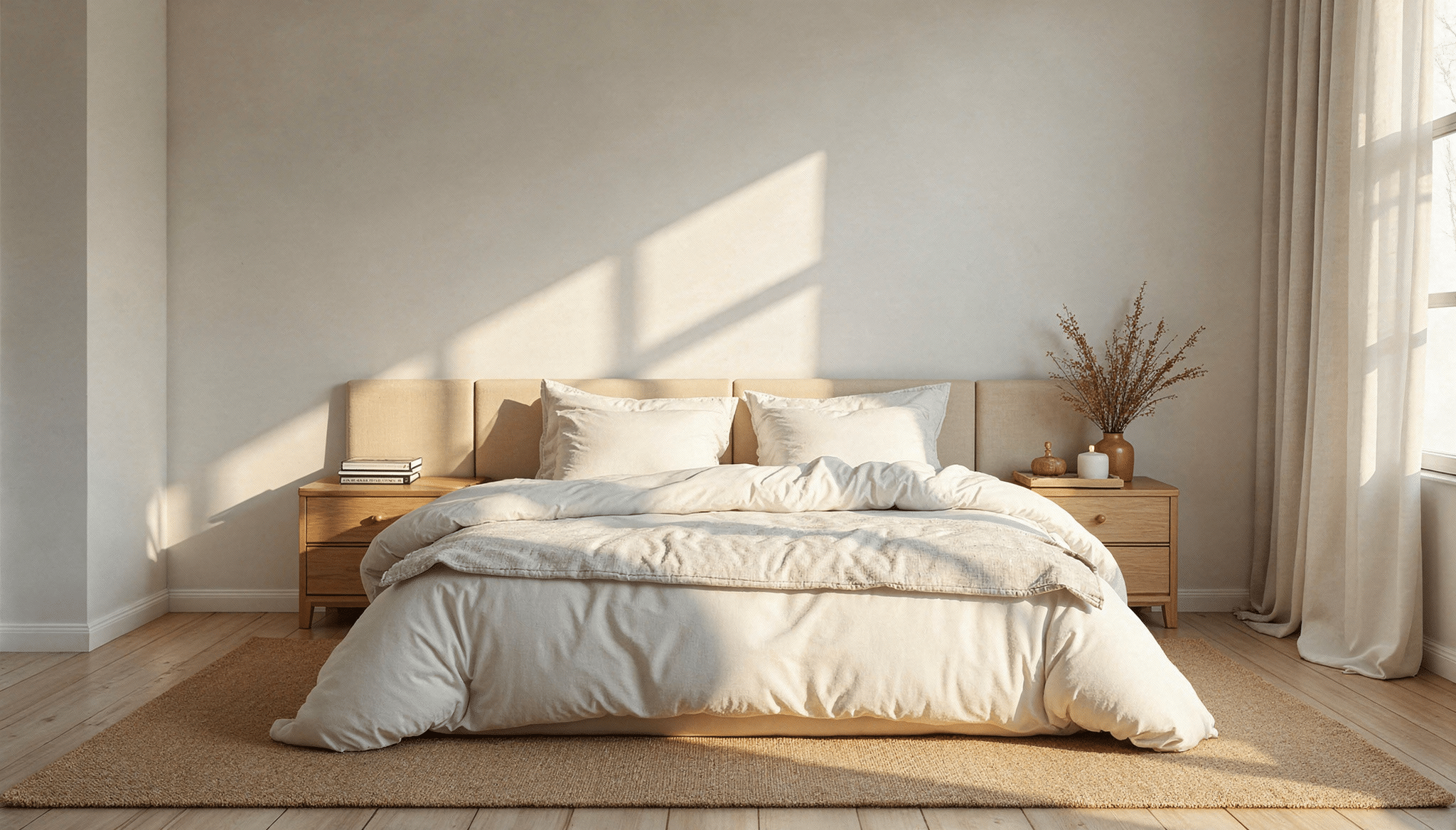 A spacious white bedroom showcasing a comfortable king bed bed with a rug under it and elegant wooden floor.