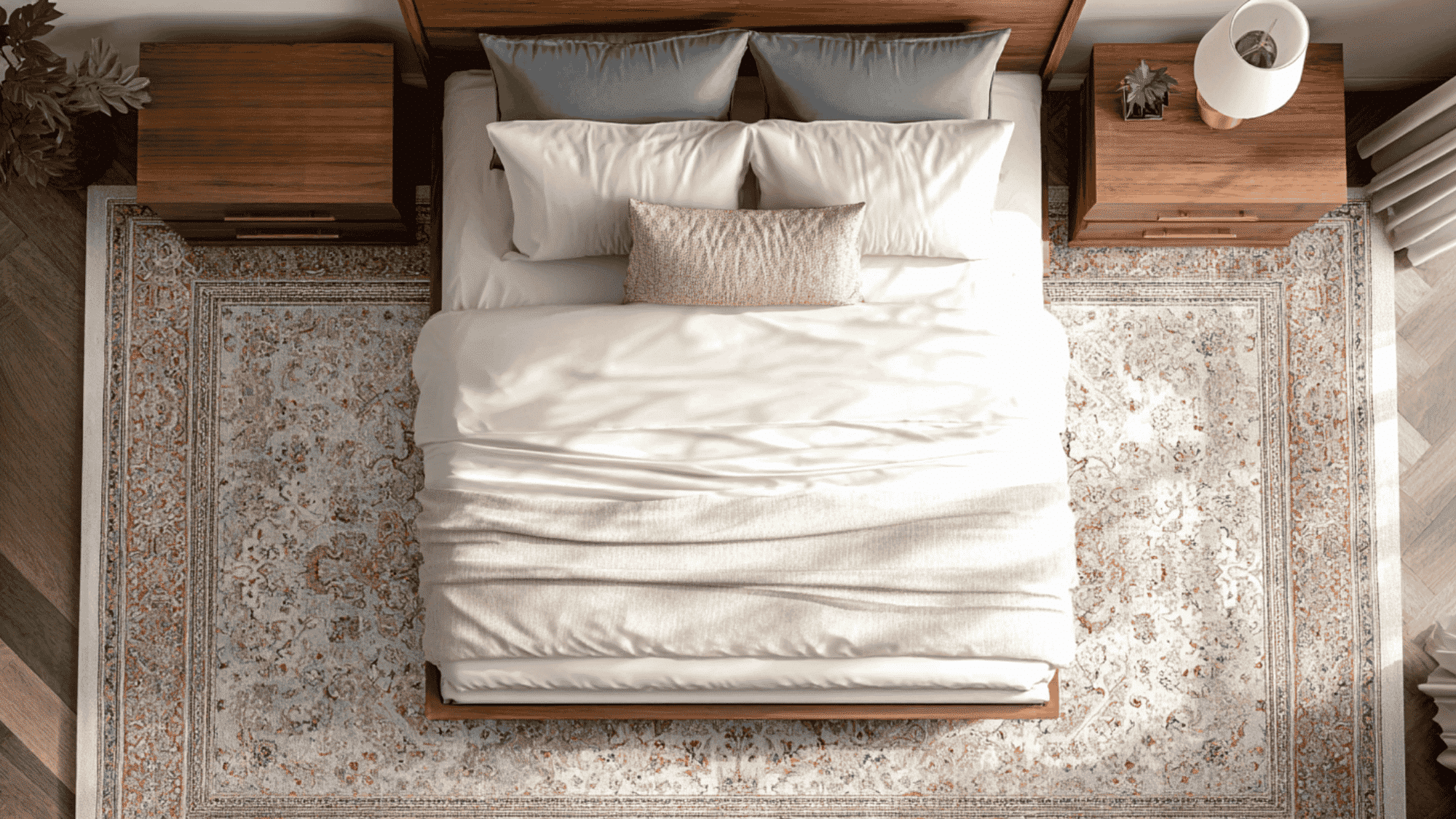 top-down view of a wooden bed with white bedding centered on a patterned rug with nightstands