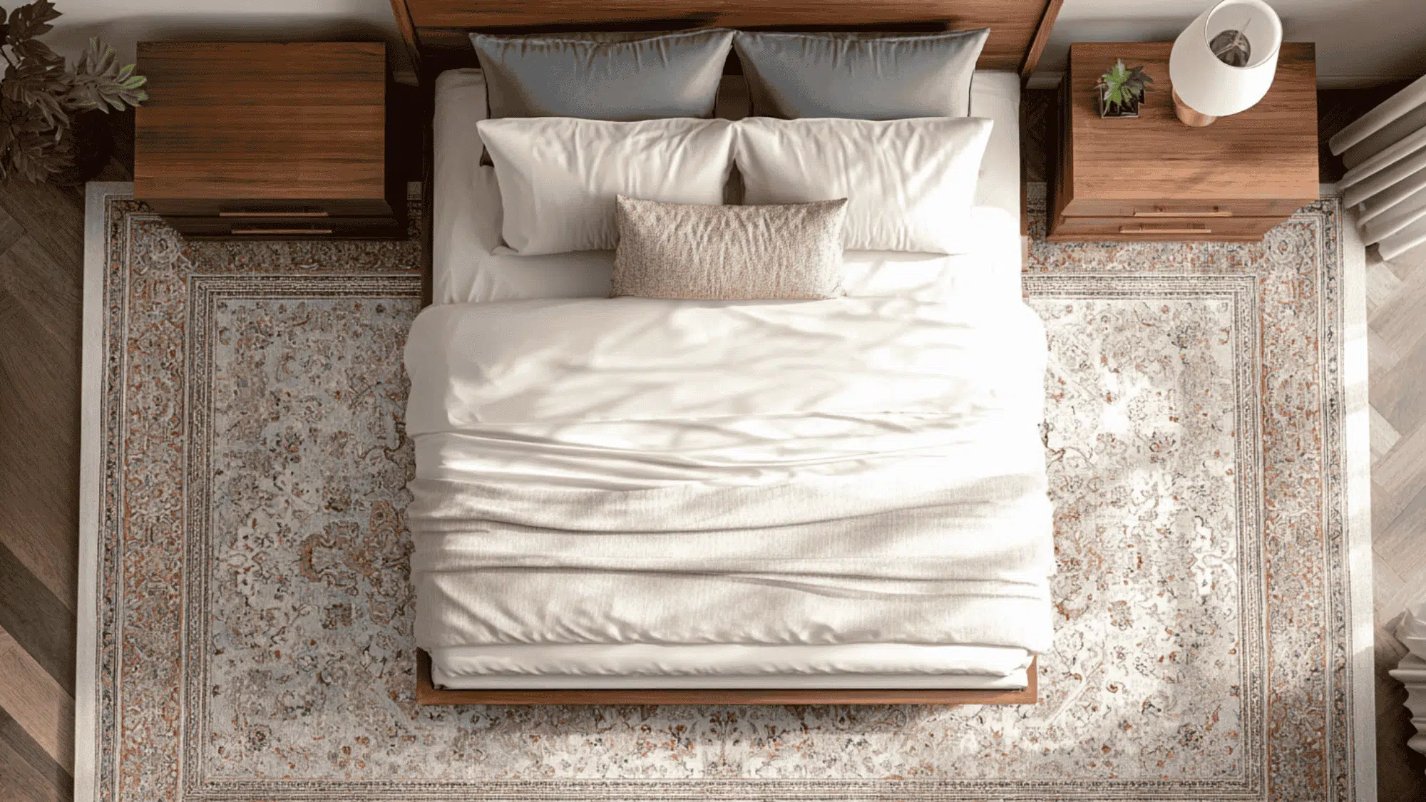 what size rug under a queen bed works best