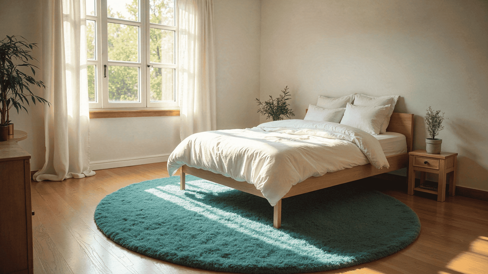 A well-decorated bedroom showcasing a comfortable bed, a bright window, and a plush rug beneath.'