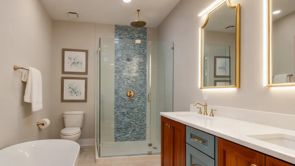 A bathroom with a glass shower area with blue mosaic tile, brass fixtures, a wooden vanity with a white countertop, and a toilet area