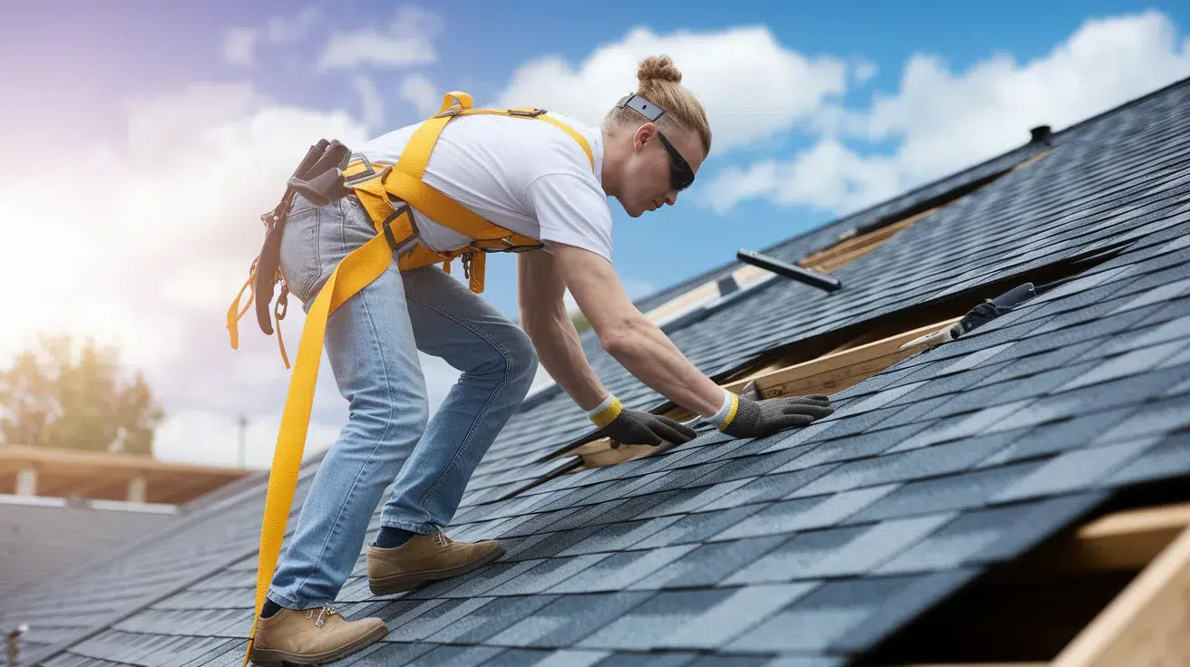 A man is on a roof, using a ladder for support while performing maintenance work, dressed in safety equipmen