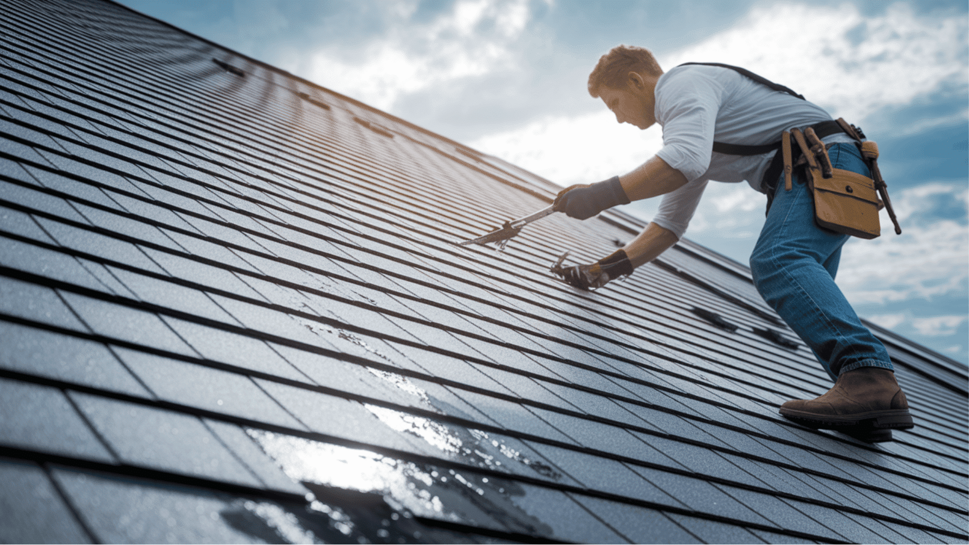 A man is performing maintenance on a roof actively using a tool to complete his work
