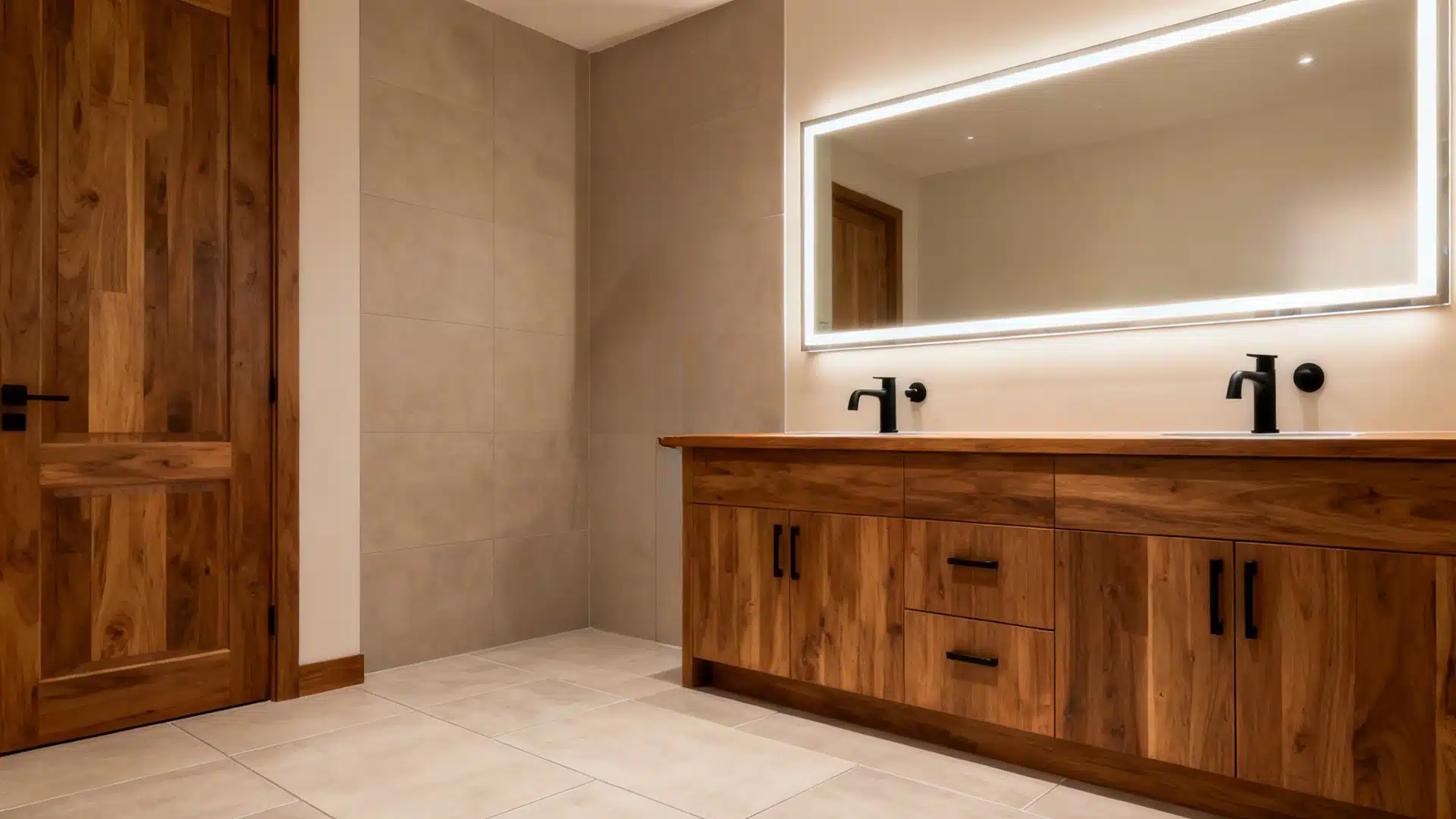 A modern bathroom with a large, rectangular mirror, a wood double vanity, a matching wood door, and light tan tiled walls and floor