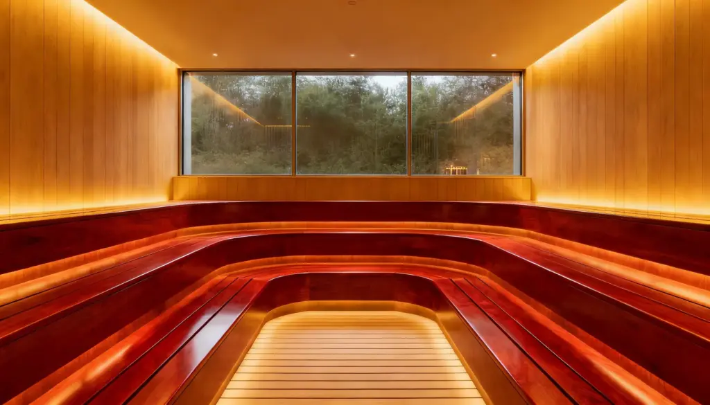 A modern room in a bathhouse featuring tiered, curving dark wood benches, accent lighting, facing a large window