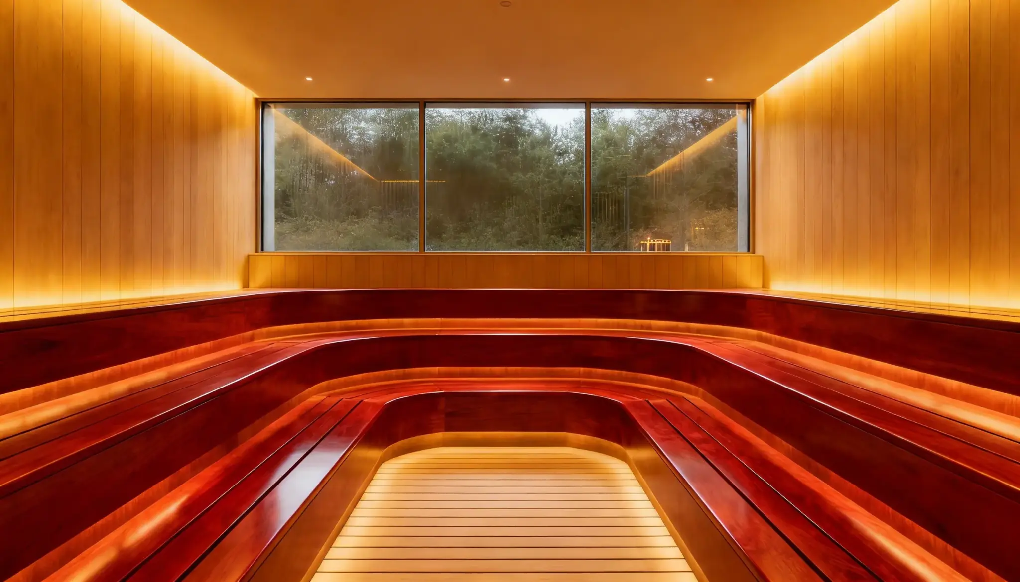 A modern room in a bathhouse featuring tiered, curving dark wood benches, accent lighting, facing a large window
