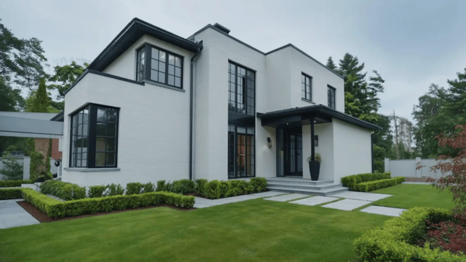 Modern white brick house with black trim, large windows, and neat green lawn landscaping