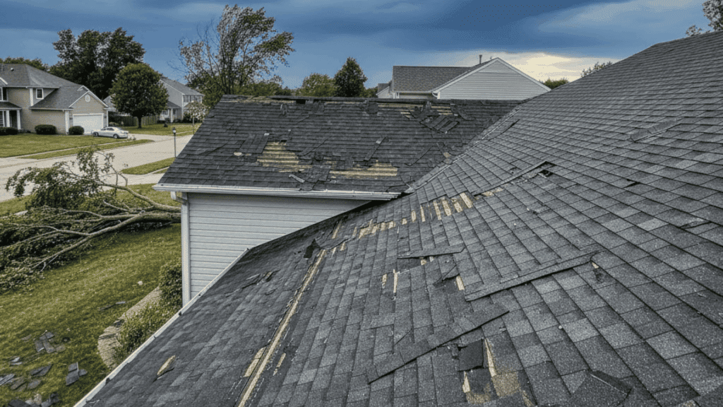 A roof with several damaged shingles, partially covered by a fallen tree branch