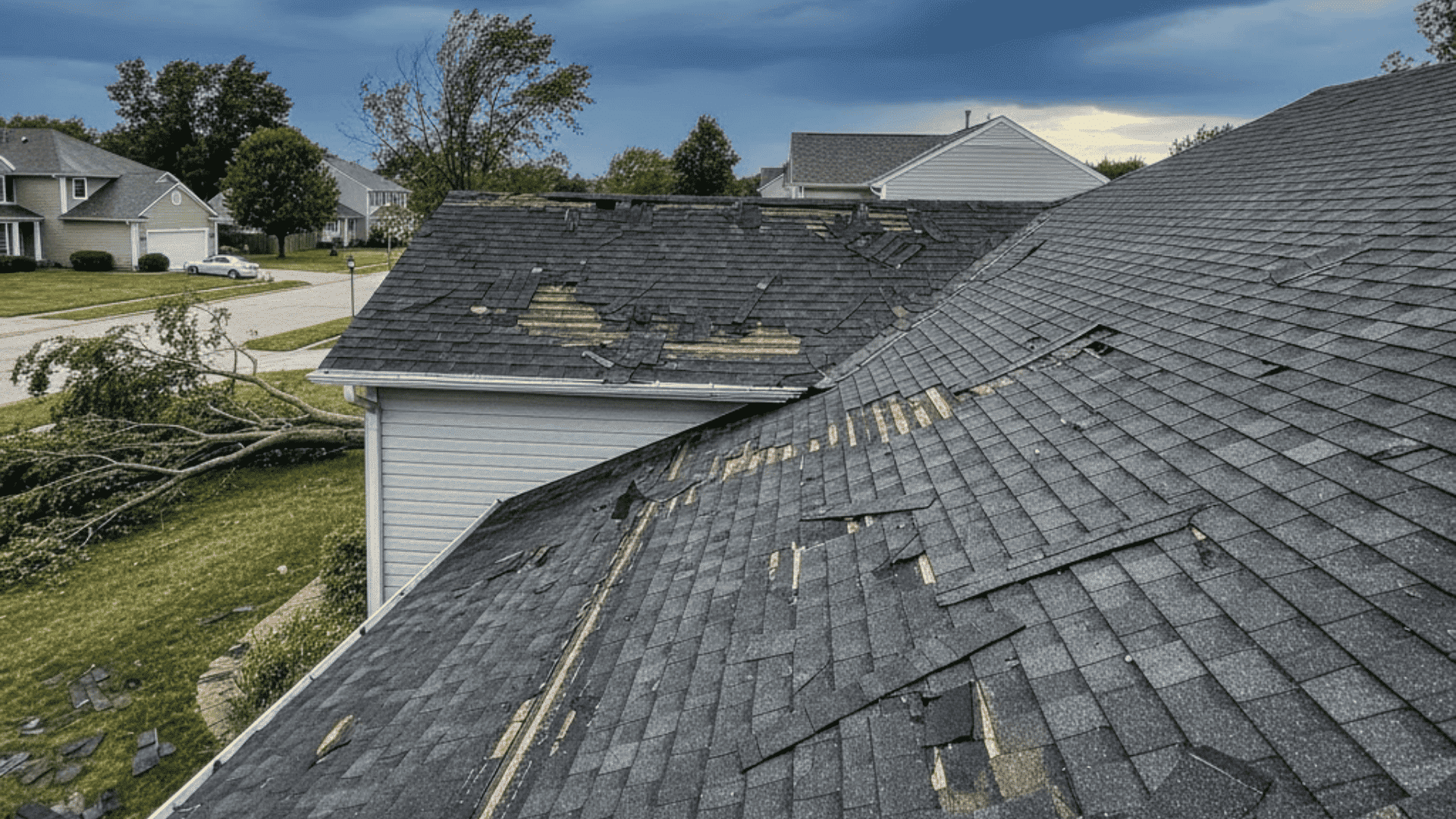 A roof with several damaged shingles, partially covered by a fallen tree branch