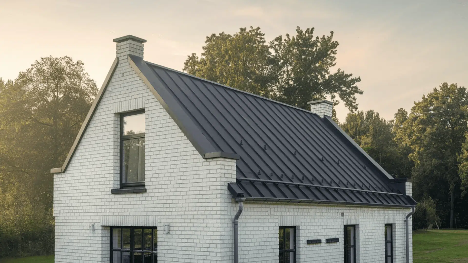 White brick house with steep black roof, tall window, and trees in soft evening light