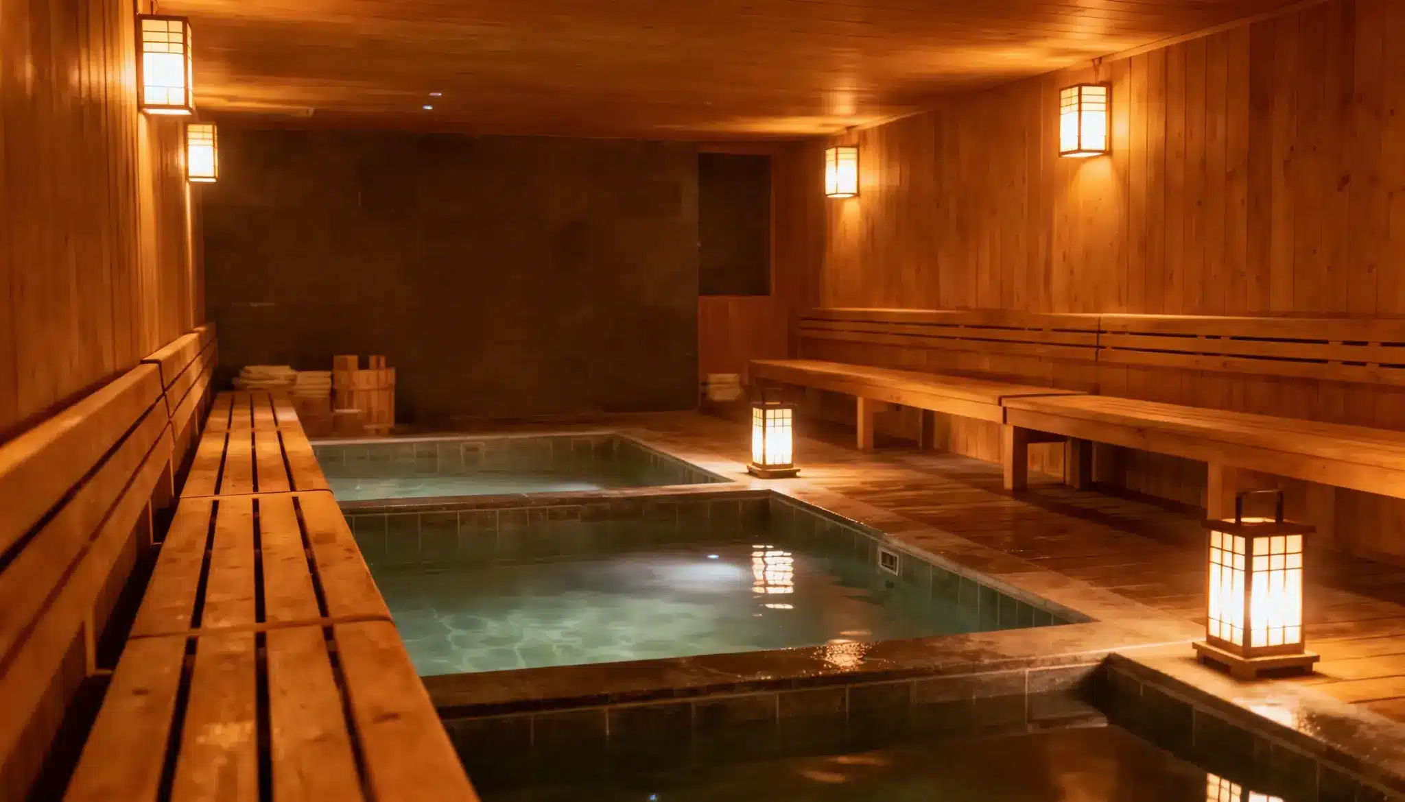 A warm, dimly lit rest zone in the bathhouse with wooden walls, benches, tiled hot pools, and paper lanterns