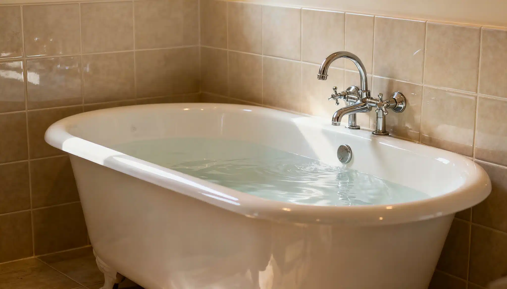 A white regular bathtub filled with water, featuring a chrome vintage faucet against a backdrop of tan square tiles