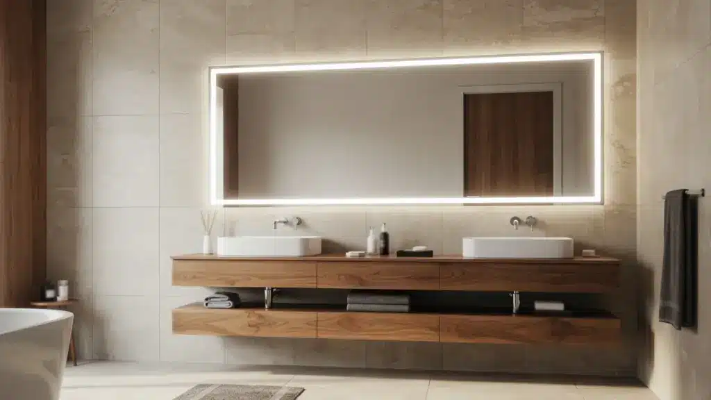 Bathroom featuring a large mirror above a wooden vanity with dual vessel sinks set against light marble-look tile walls