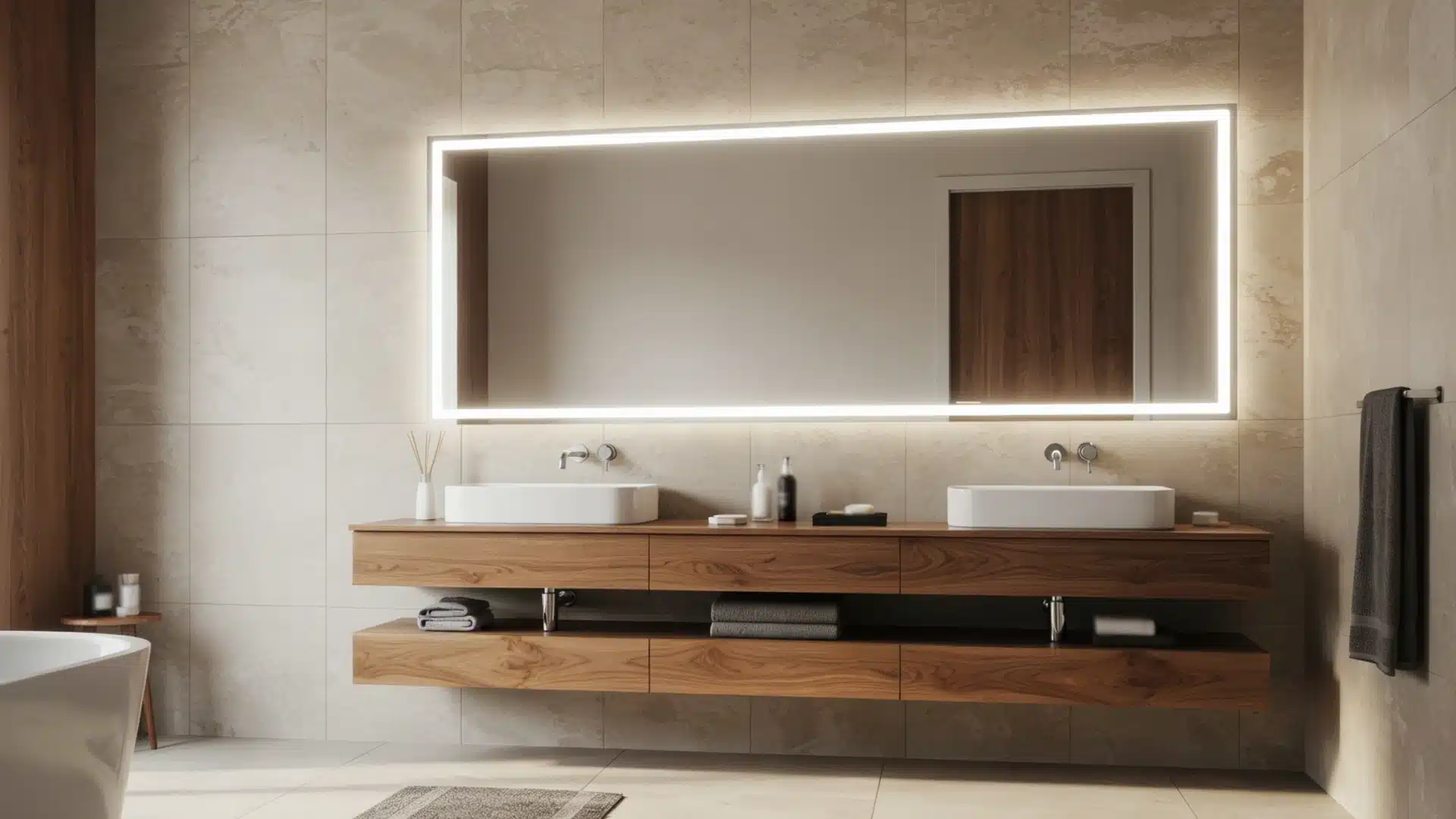 Bathroom featuring a large mirror above a wooden vanity with dual vessel sinks set against light marble-look tile walls
