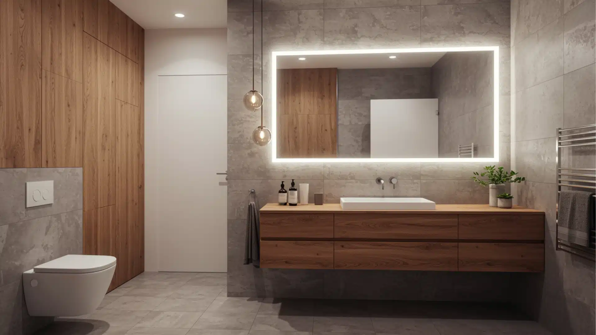 Bathroom featuring a wooden vanity, rectangular mirror, wall-mounted toilet, and light wood paneling contrasting with gray stone tiles