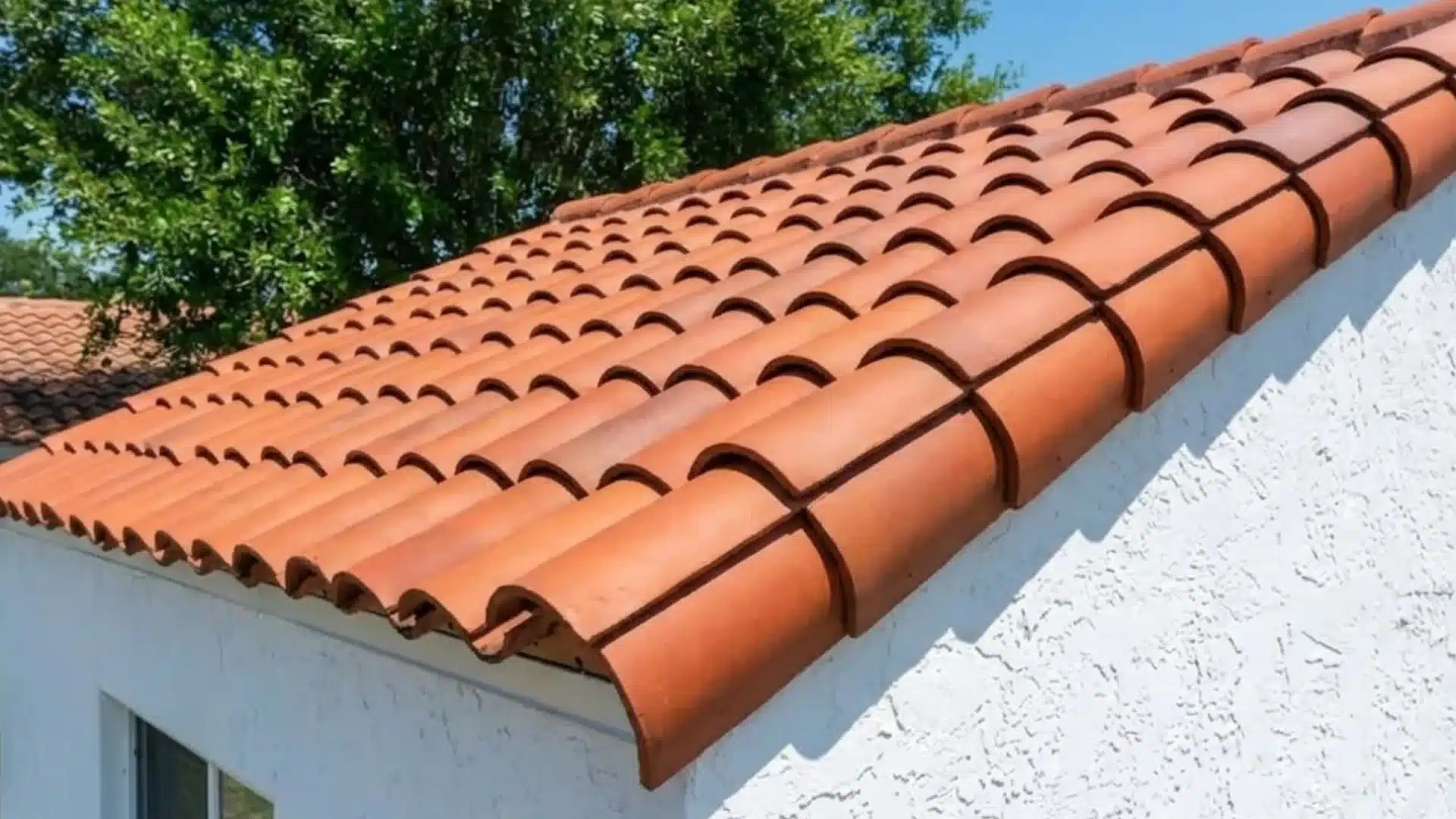Close-up of a red tile roof, showcasing the texture and arrangement of the roof tiles