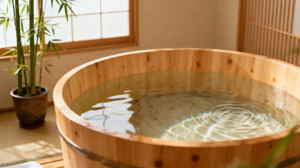 Close up of a wooden Japanese soaking tub filled with clear water showing ripples near a window with a potted bamboo plant