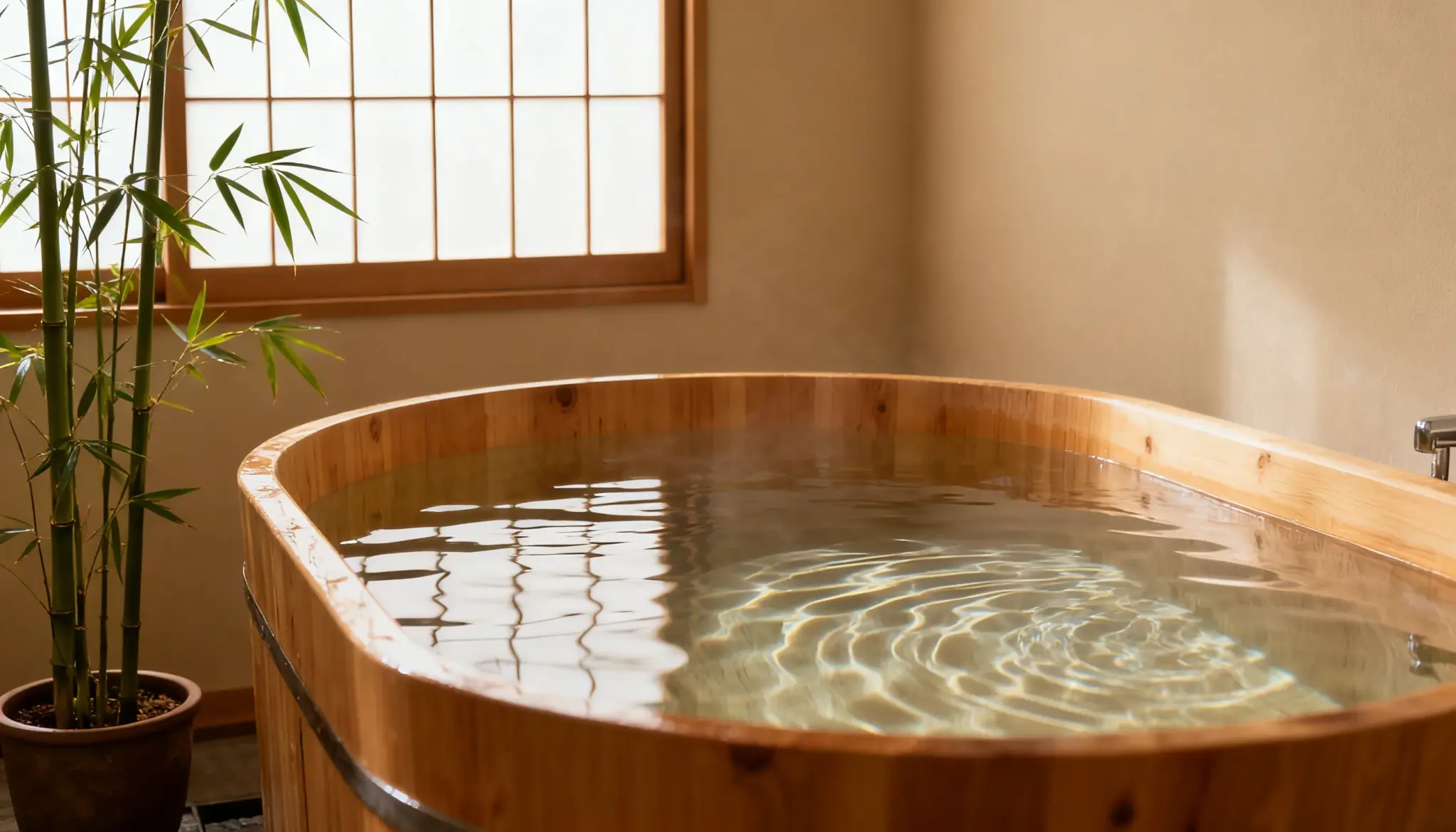 Close up view of a wooden Japanese soaking tub filled with water beside a potted bamboo plant and a shoji screen window