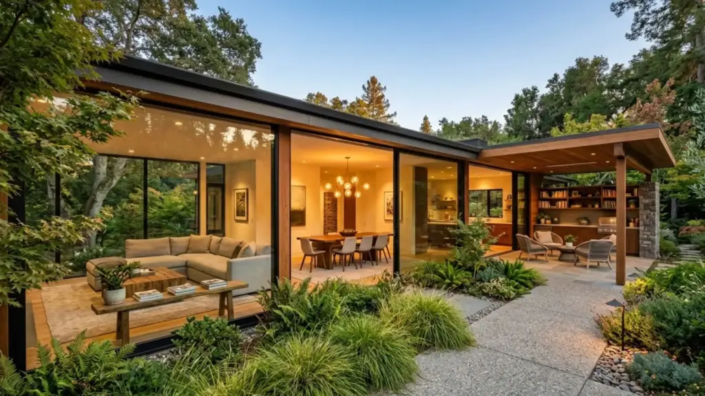 Contemporary home exterior showing floor to ceiling glass walls, an outdoor seating area, and the interior of a living room and dining area.