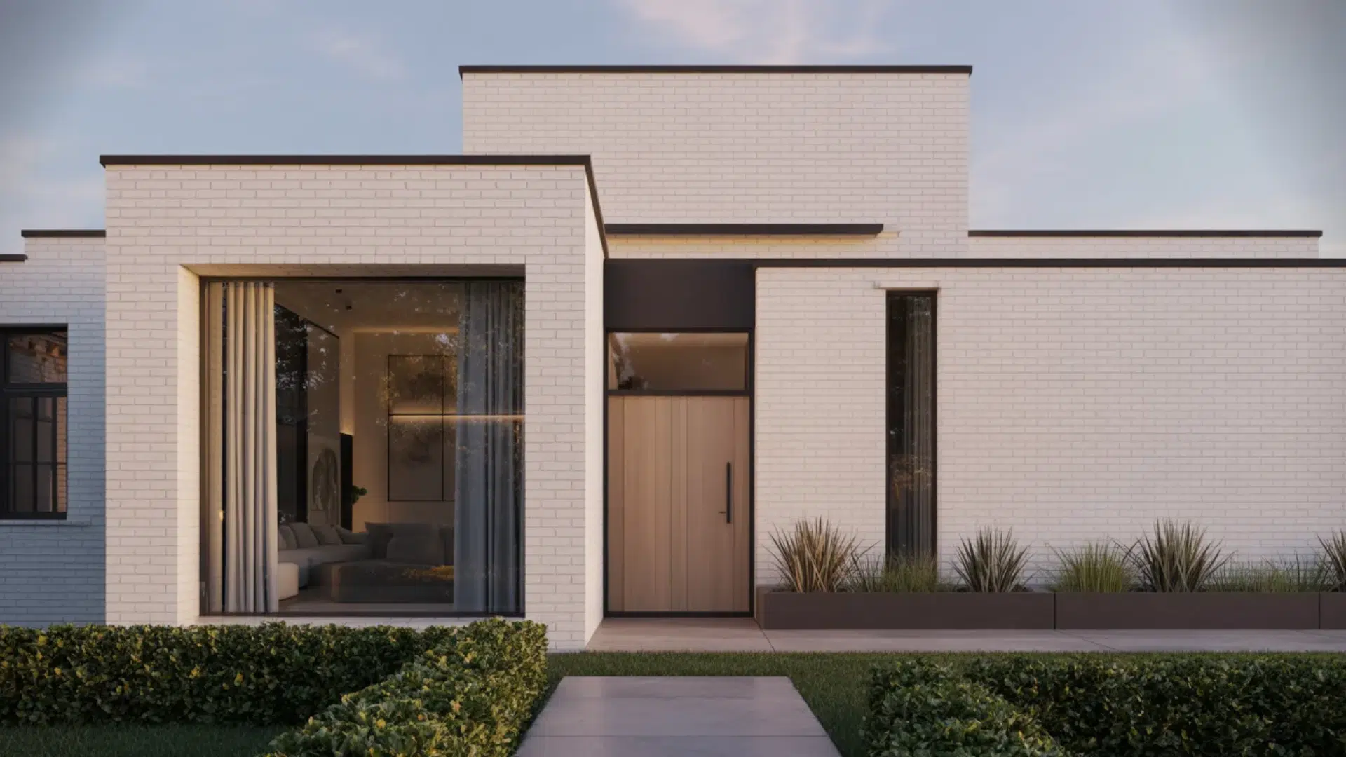 Contemporary home facade showcasing a blend of materials, large glass panels, and a stylish entrance