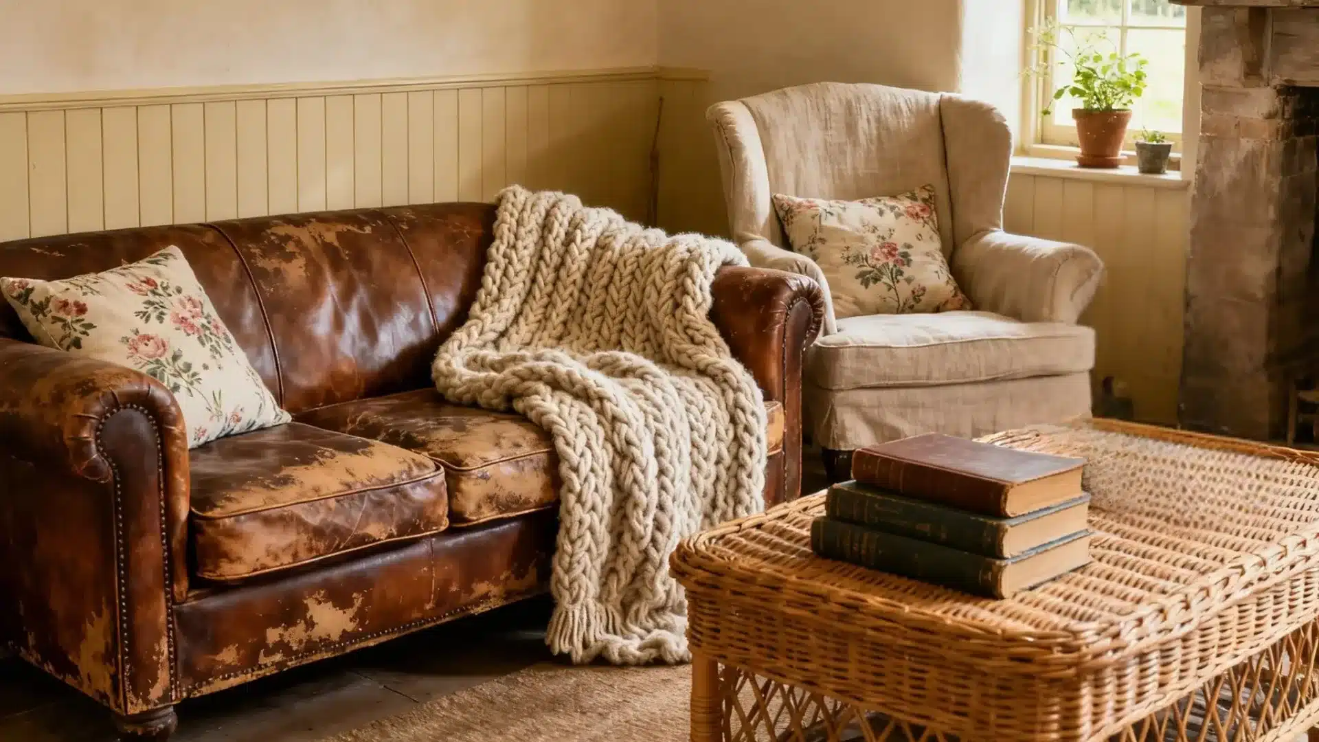 Cozy living room styled with cottagecore interior design elements like a linen chair, floral cushions, a wicker table, potted plants, and vintage books
