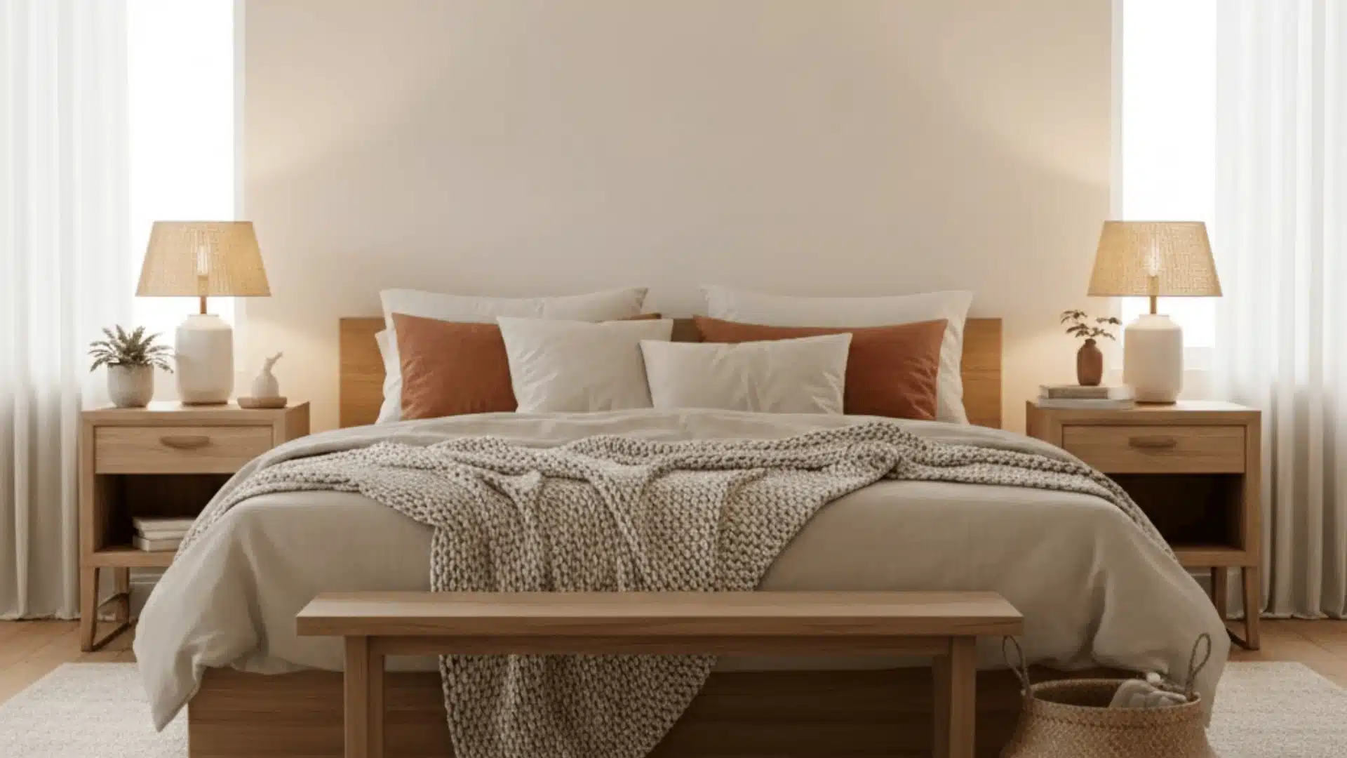 Full view of a warm and cozy bedroom with wooden bed frame, layered neutral bedding, knit throw, soft lighting, woven baskets, and sheer curtains in natural light.