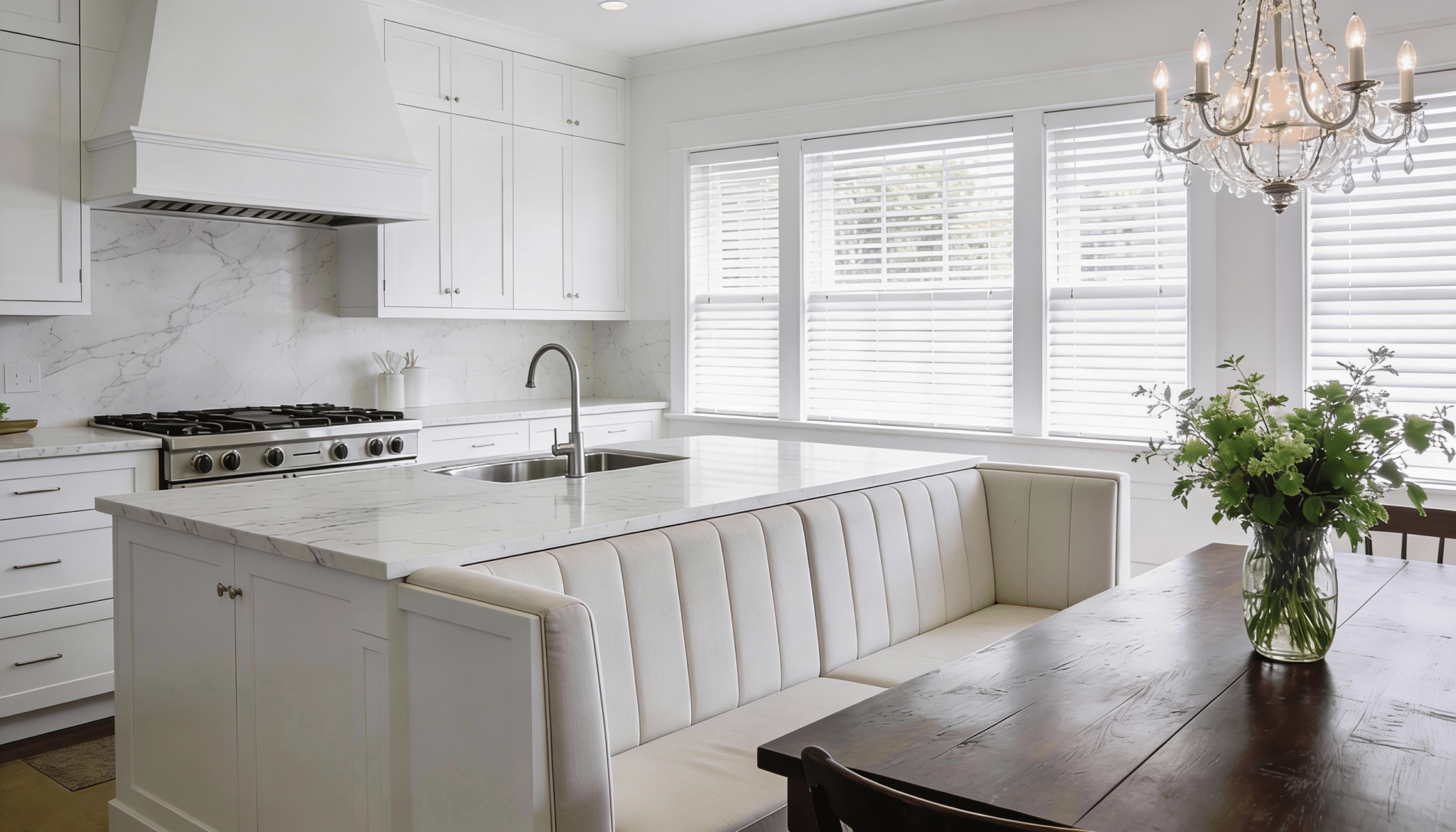 Kitchen with Bench Seating Attached to The Island
