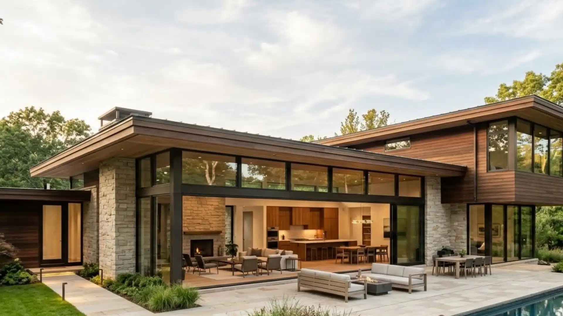 Modern contemporary home exterior featuring extensive floor to ceiling glass walls opening onto a stone patio with outdoor seating areas