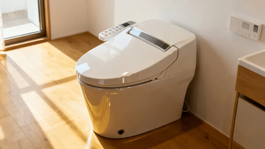 Modern white Japanese smart toilet with attached remote control in a brightly lit bathroom with light wood flooring
