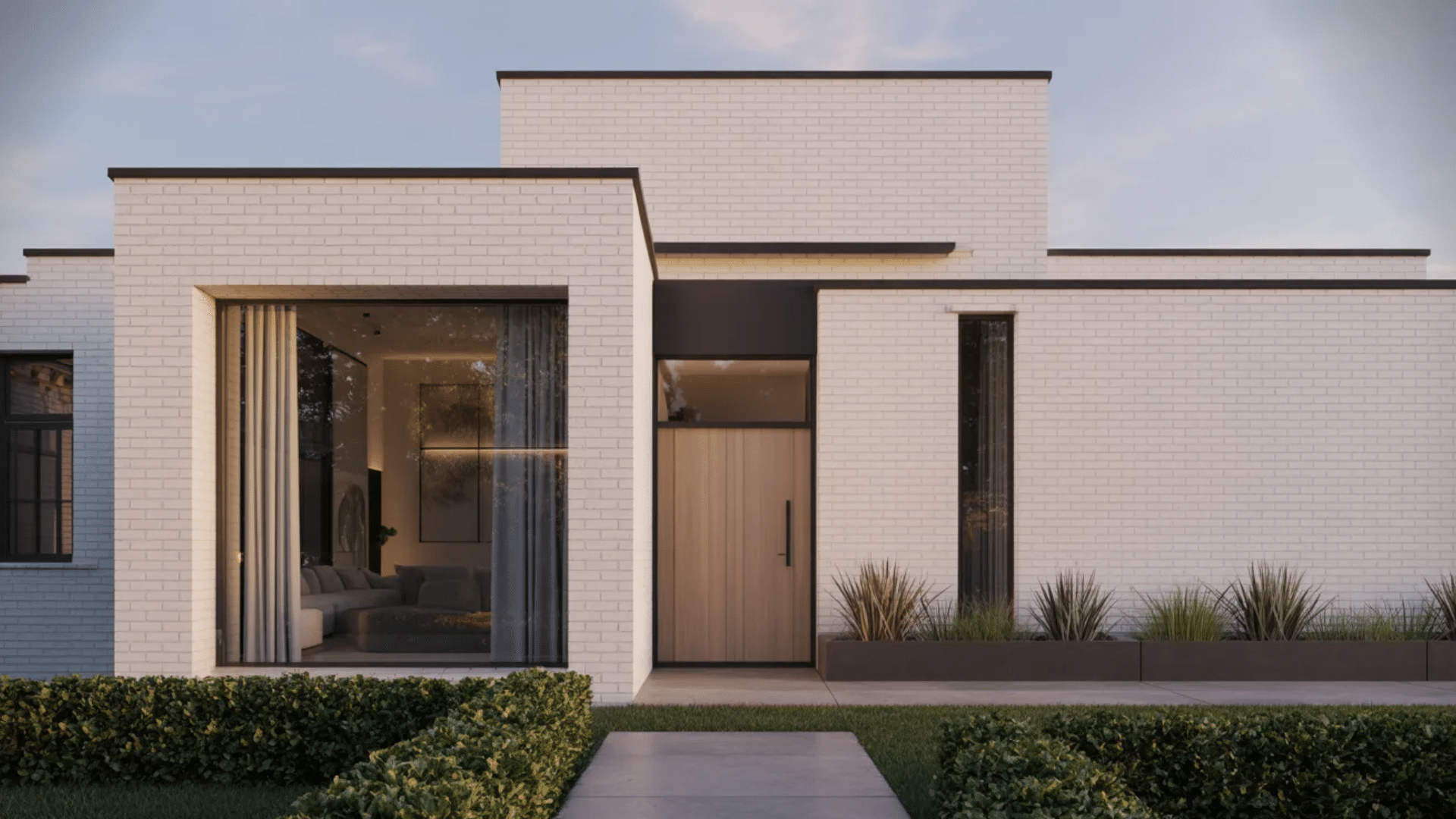 Modern white brick house exterior with large glass window wooden front door simple landscaping showing clean contemporary architecture.