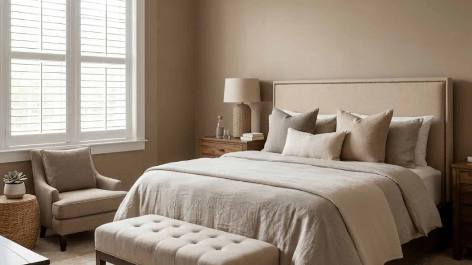 Neutral bedroom with beige bedding, upholstered bed, bench, armchair, and soft natural light