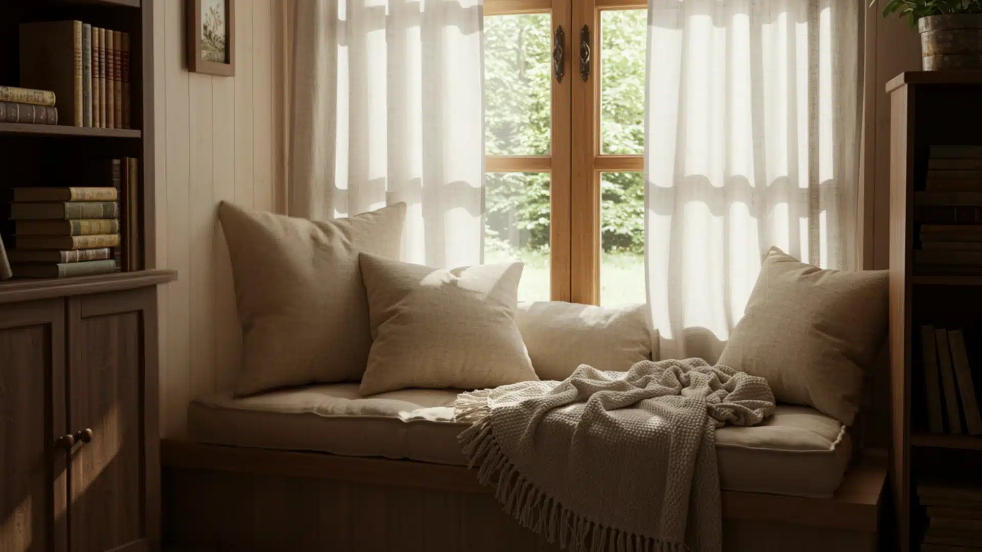 Peaceful reading nook with cottagecore interior design featuring a cushioned window seat, linen pillows, bookshelves, and soft natural light