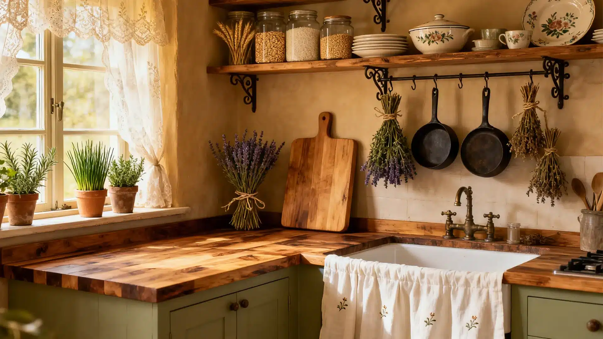 Rustic kitchen featuring cottagecore interior design with open shelving, ceramic dishes, herb plants, butcher block counter, and vintage cookware