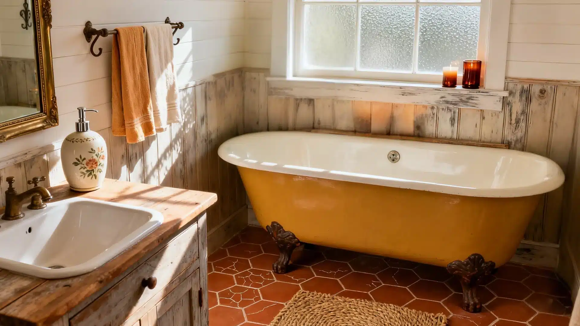 Small bathroom decorated with cottagecore interior design accents, including vintage mirror, linen towels, and candle lighting