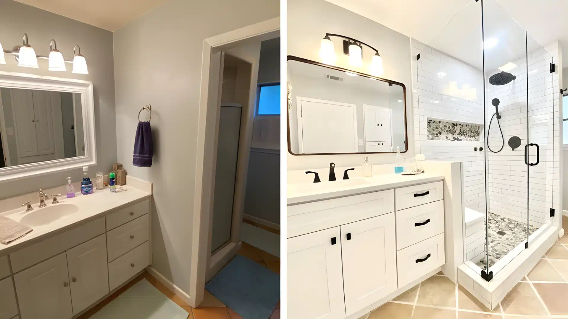 Split image showing a beige and gray bathroom before renovation and a modern white bathroom with a glass shower after renovation
