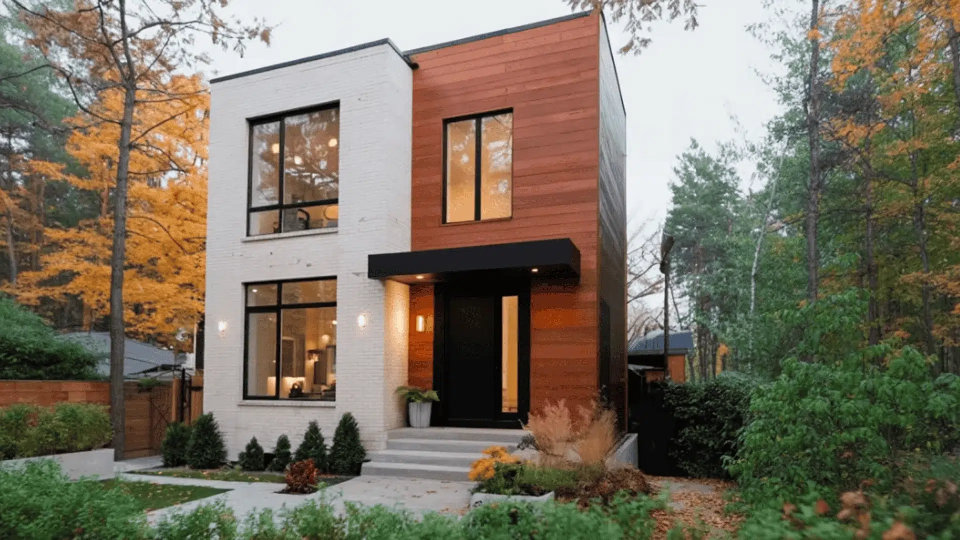 Modern white brick house with wood panel facade, black entry door, and trees with autumn leaves