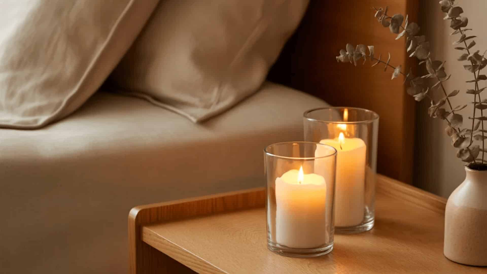 Two lit candles in glass holders on a wooden bedside table beside a bed with neutral pillows