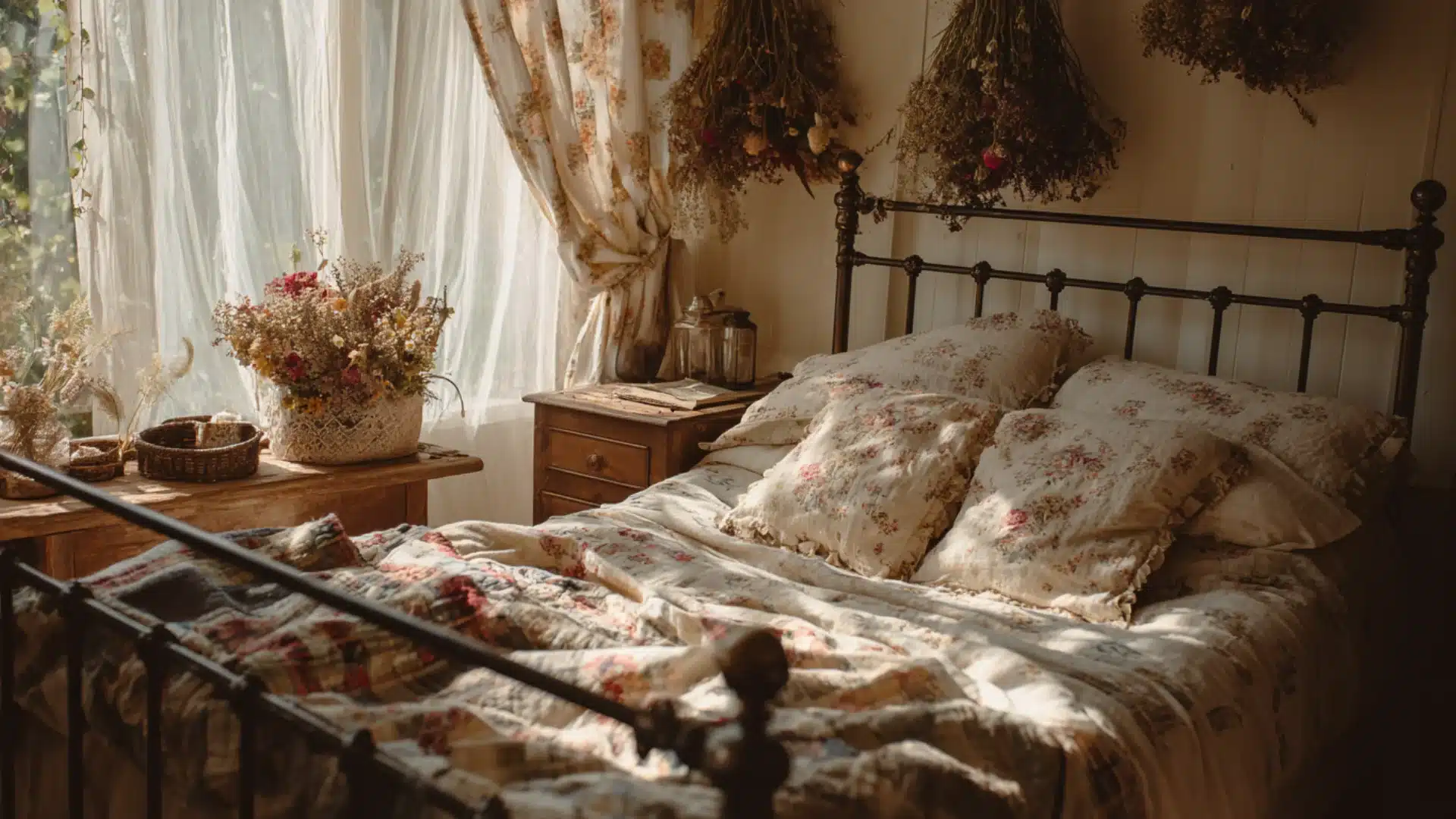 Whimsical bedroom inspired by cottagecore interior design with floral bedding, vintage iron bed frame, dried flowers, and soft natural lighting