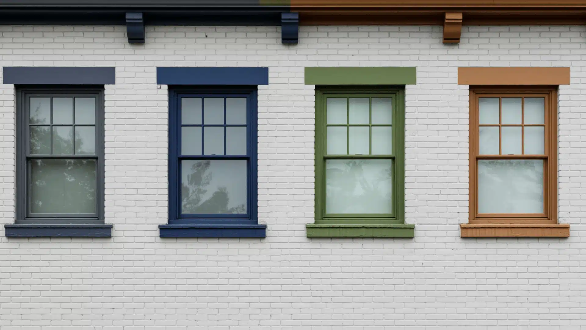 White brick wall with four windows, each framed in gray, blue, green, and brown trim colors