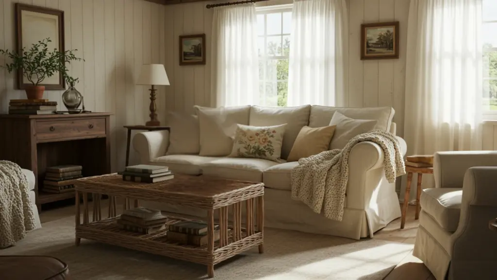 Wide-angle living room showcasing cottagecore interior design with vintage furniture, floral textiles, plant, and warm natural light