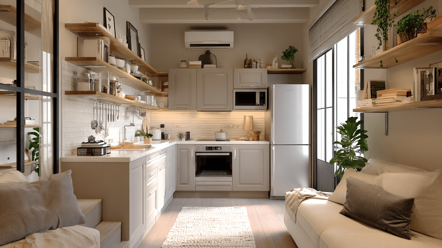 compact open kitchen with wall mounted storage