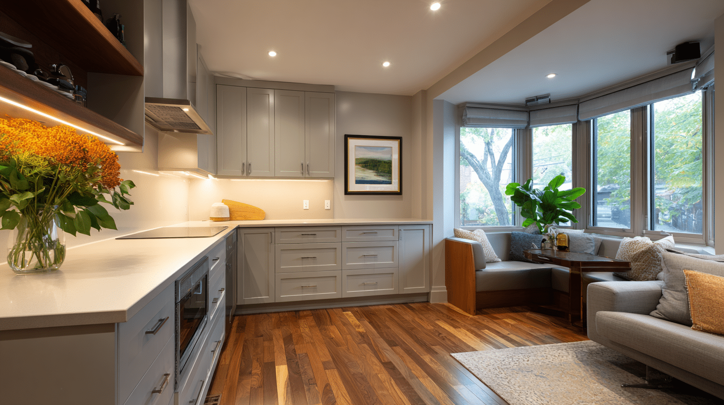 corner kitchen overlooking the living room