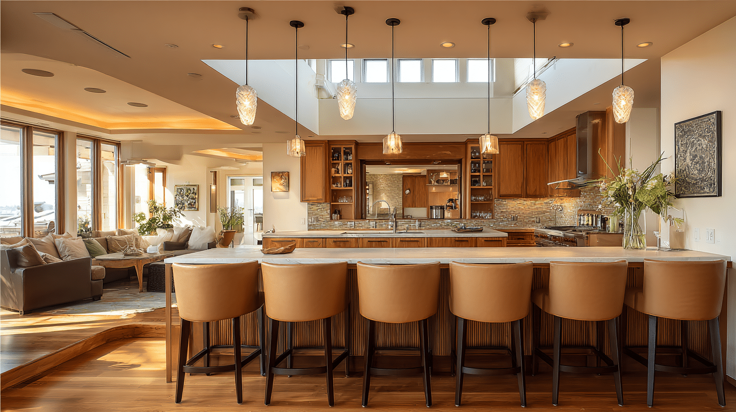 kitchen behind a long island bar