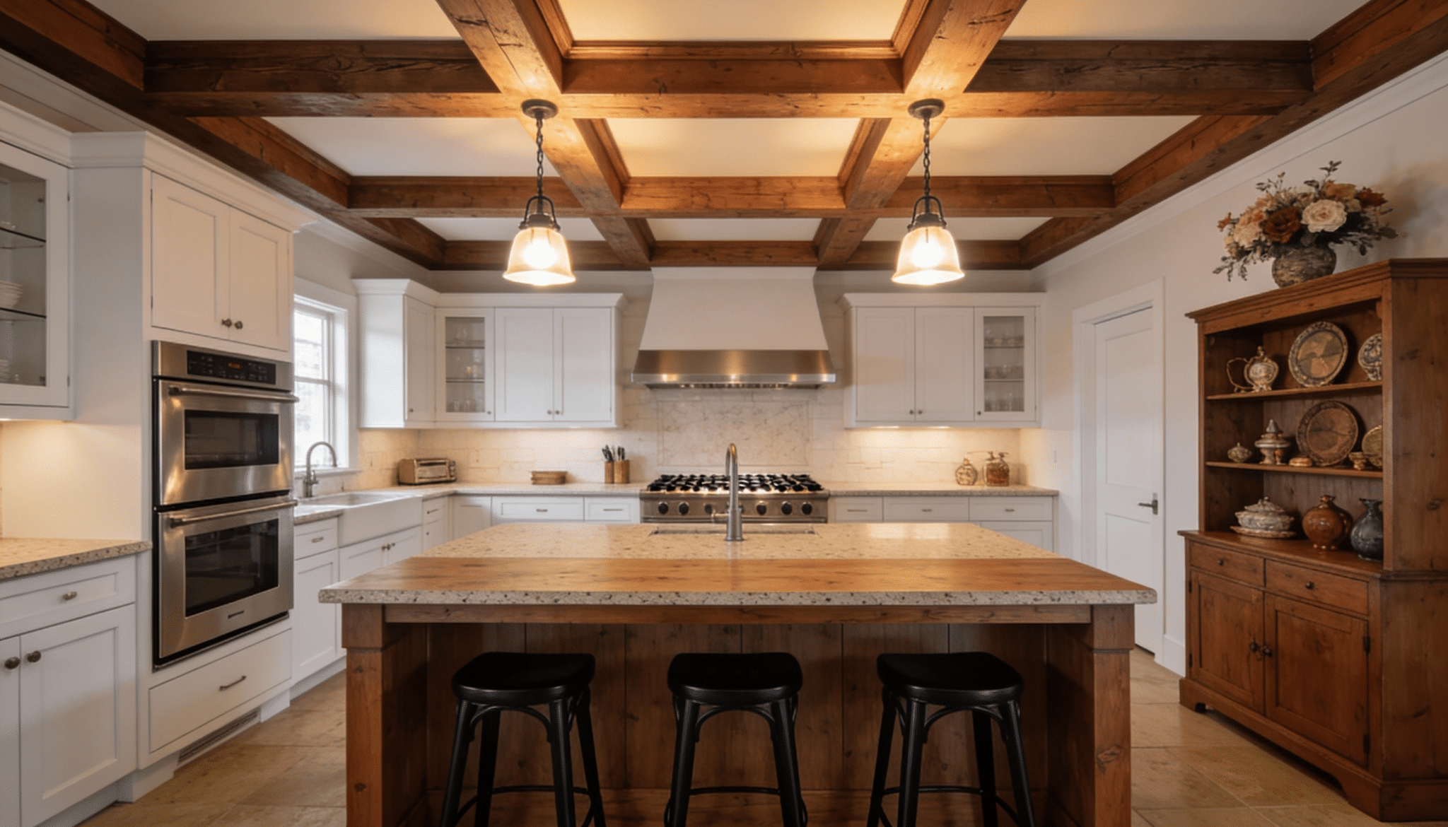 kitchen framed by ceiling beams